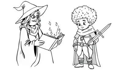 Zwart-wit kleurplaat van een magische moeder heks met een boek vol vuur en een jonge ridder met een zwaard en een cape.