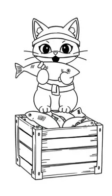 Een kleurplaat met een vrolijke kat-ninja die rechtop staat op een krat vol vis, klaar om in te kleuren.