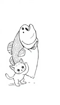 Zwart-wit kleurplaat van een kleine kitten die een grote lachende vis vasthoudt, groter dan de kitten zelf.