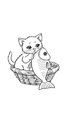 Een zwart-wit kleurplaat van een schattige kitten in een mand, die een grote vis vasthoudt.