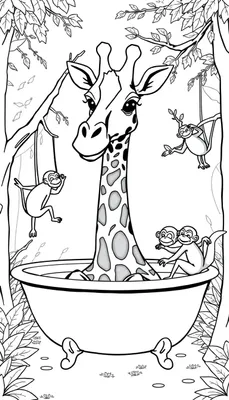 Kleurplaat met een grappige giraffe in een badkuip, omringd door speelse apen in een bosomgeving.