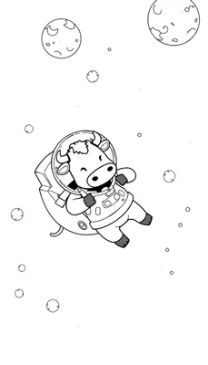 Een vrolijke cartoonkleurplaat van een koe in een astronautenpak die door de ruimte zweeft, omringd door planeten en sterren.