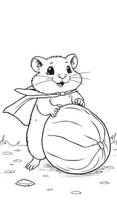 Kleurplaat van een hamster in een superheldencape die een grote meloen knuffelt, zittend in het gras met een vrolijke uitstraling.