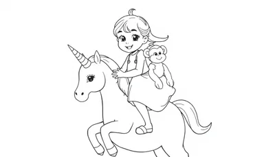 Kleurplaat van een meisje op een eenhoorn met een knuffelaapje.