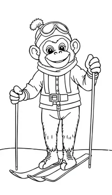 Kleurplaat van een vrolijke aap die aan het skiën is in een wintersport outfit.