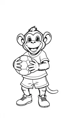 Zwart-wit kleurplaat van een vrolijke aap in sportieve kleding met een voetbal in zijn handen.