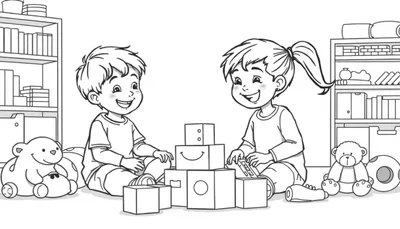 Een vrolijke kleurplaat van twee kinderen die samen spelen met bouwblokken in een gezellige kinderkamer.