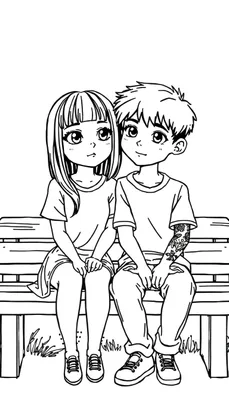 Een zwart-witte kleurplaat in anime-stijl van een jongen met tattoos op zijn linkerarm en een meisje met curtain bangs die samen op een bankje zitten.
