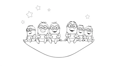 Kleurplaat met zes vrolijke Minions op een touw onder de maan en sterren.