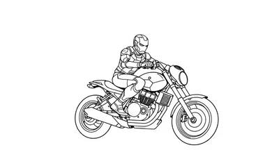 Kleurplaat van een futuristische motorfiets met bestuurder in een stoere helm.
