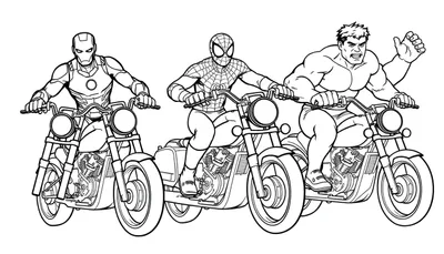 Kleurplaat van Iron Man, Spiderman en Hulk op motorfietsen