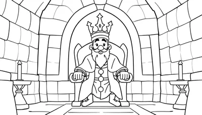 Kleurplaat van een koning met een kroon op een troon in zijn kasteel, omringd door kaarsen en stenen muren.