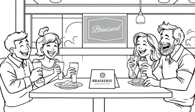 Kleurplaat van een lachend gezin in een restaurant genaamd Brasserie Bruissend.