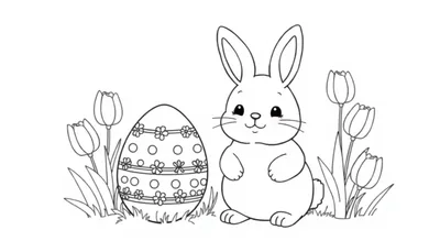 Een schattig kleurplaat van een vrolijk konijn met een versierd paasei omringd door tulpen en gras.