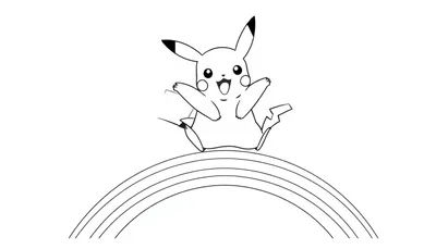 Kleurplaat van lachende Pikachu die op een regenboog zit.