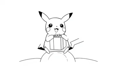 Zwart-witte kleurplaat van jarige Pikachu die op een zon zit met lange oren en een cadeautje.