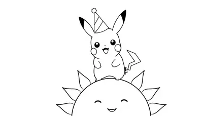 Kleurplaat van een vrolijke Pikachu die jarig is, zittend op een lachende zon met stralen.