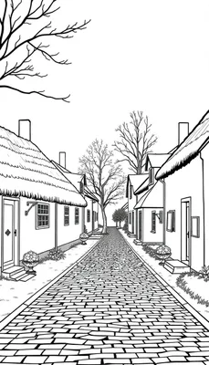 Een zwart-wit kleurplaat van een pittoreske geplaveide straat in een charmant dorpje met rieten daken en kale bomen op de achtergrond.