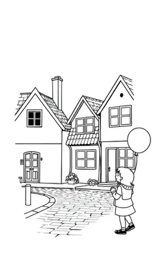 Kleurplaat van een straat met geplaveide stenen en huizen met puntdaken. Een kind met een rugzak houdt een ballon vast.
