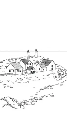 Een zwart-wit kleurplaat van een rustig kustdorp met huisjes, vuurtorens en een rotsachtige omgeving.