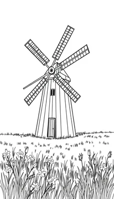 Kleurplaat van een klassieke windmolen met vier wieken in een rustig veld vol bloemen.