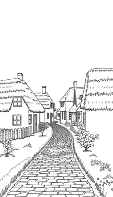 Kleurplaat van een idyllische dorpsstraat met huisjes, bloemen en een kronkelend pad.