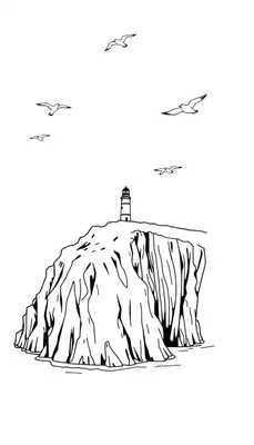 Kleurplaat van een vuurtoren op een hoge klif, met meeuwen die eromheen vliegen boven de zee.