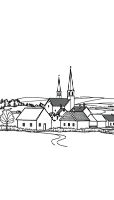 Kleurplaat van een rustig dorpslandschap met huizen, een kerk en glooiende heuvels.