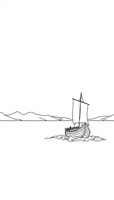 Kleurplaat van een eenvoudig getekende zeilboot met rechthoekig zeil, bergen op de achtergrond en water eromheen.