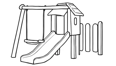 Kleurplaat van een speeltuin met een schommel, glijbaan en een speelhuisje.