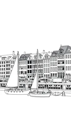 Kleurplaat van een havenstad met klassieke gebouwen, boten en zeilboten.