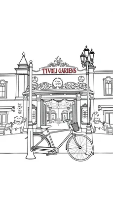 Een lijntekening van de ingang van Tivoli Gardens in Kopenhagen, Denemarken, met klassieke pilaren, bogen en decoraties, speciaal als kleurplaat.