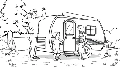 Zwart-wit kleurplaat van een gezin voor een vouwwagen op de camping.