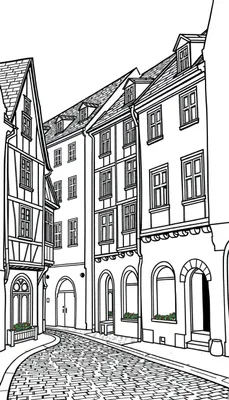 Kleurplaat van een sfeervolle oude straat met historische gebouwen in Europese stijl, kasseien, en bloemen onder de ramen.