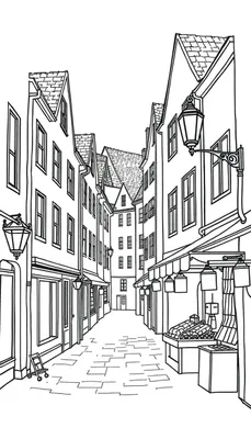 Zwart-wit kleurplaat van een smalle straat met oude gebouwen en een nostalgische sfeer.