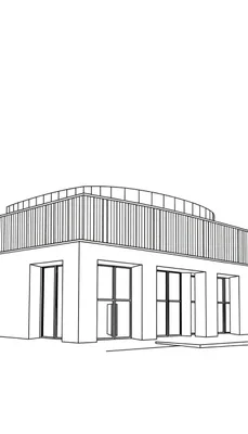Kleurplaat van het Århus Aros gebouw met een rechthoekige onderkant en een cirkelvormige bovenkant.