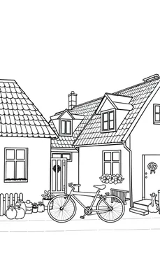 Kleurplaat met drie huizen, een fiets, planten en appels in een dorpsstraat.