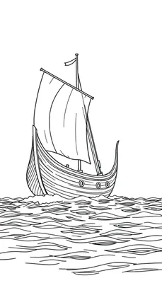Kleurplaat van een zeilschip met een houten romp, groot zeil en wimpel op het water.