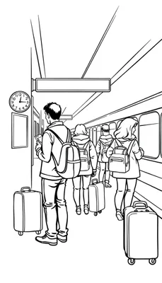 Kleurplaat met een stationsscène: mensen met bagage, een klok en een trein op het perron.