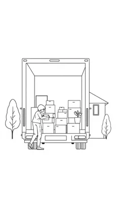 Kleurplaat van een verhuiswagen met dozen, een persoon die een doos draagt en bomen eromheen.