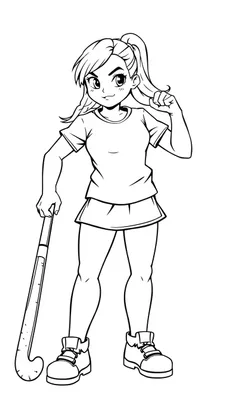 Kleurplaat van een stoer meisje met een hockeystick in sportieve outfit.