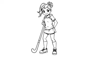 Zwart-wit kleurplaat van een vrolijk meisje dat stoer veldhockey speelt, met een hockeystick in haar hand.