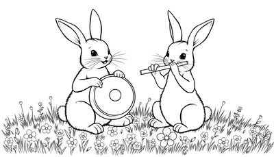 Kleurplaat van twee vrolijke konijnen die samen muziek maken in een bloemenveld.