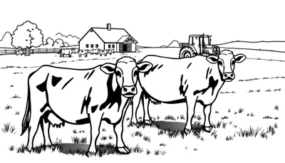 Kleurplaat van een landelijke scène met koeien in een weiland, een boerderij op de achtergrond, een trekker en een hond.