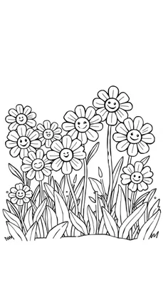 Kleurplaat van bloemen met lachende gezichtjes in een vrolijk veld.