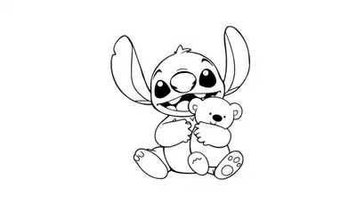 Kleurplaat van een vrolijke Stitch met grote oren, brede glimlach en een teddybeer.