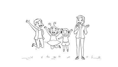 Kleurplaat van een vrolijke familie die samen plezier maakt in de buitenlucht