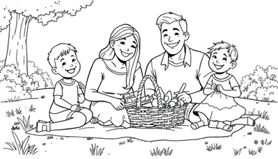 Kleurplaat van een vrolijke familie picknick in de natuur met een picknickmand, bomen en lachende kinderen.