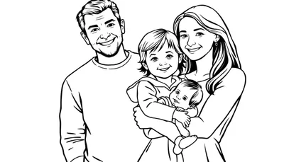 Een gezellige kleurplaat van een glimlachende familie met een man, vrouw, dochter en babyzoon.