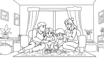 Zwart-wit kleurplaat van een gezin met een man, een vrouw, een dochter en een babyzoon die samen met een speelgoedauto spelen in een gezellige woonkamer.